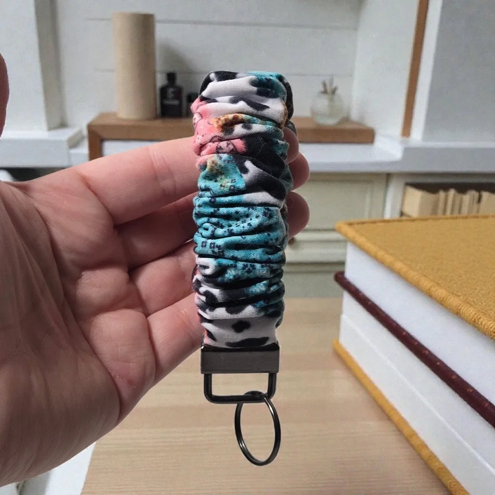 Western Cow Print Scrunchie Keychain Wristlet Purse Charm‎ Boho Handmade